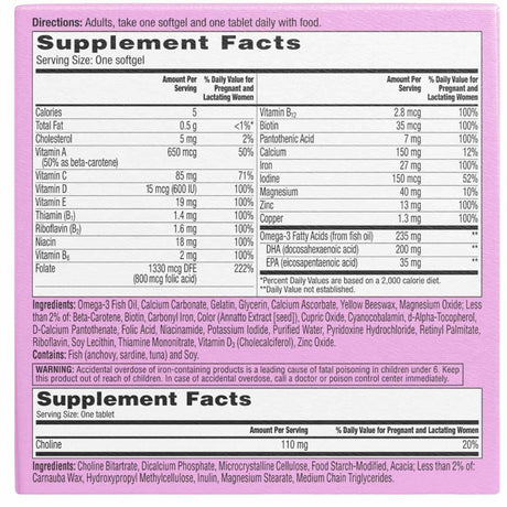 One A Day Dúo Multivitamínico Completo Prenatal - 120 Cápsulas Blandas / Tabletas - Tabla Nutricional - Haz Tu Pedido
