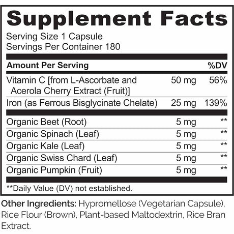 Naturelo Hierro con Vitamina C 25 mg - 180 Cápsulas Vegetarianas - Tabla Nutricional - Haz Tu Pedido