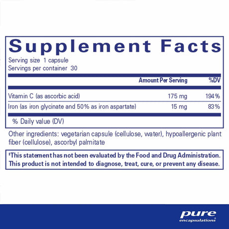 Pure Encapsulations Hierro Con Vitamina C  - 30 Cápsulas - Tabla Nutricional - Haz Tu Pedido