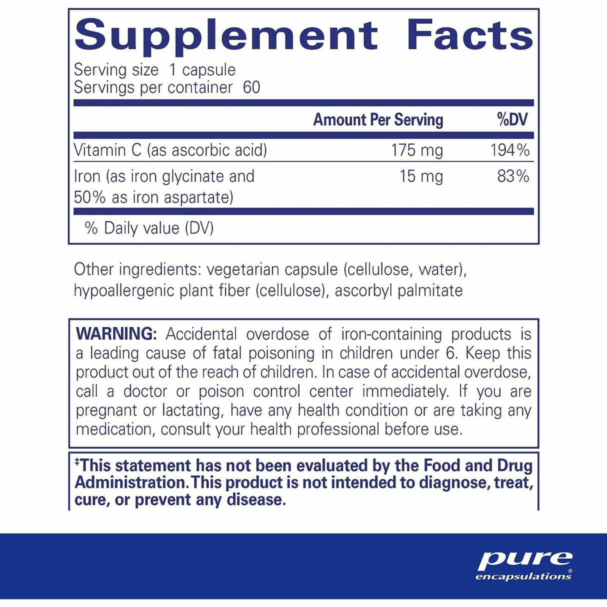 Pure Encapsulations Hierro Con Vitamina C  - 60 Cápsulas - Tabla Nutricional - Haz Tu Pedido