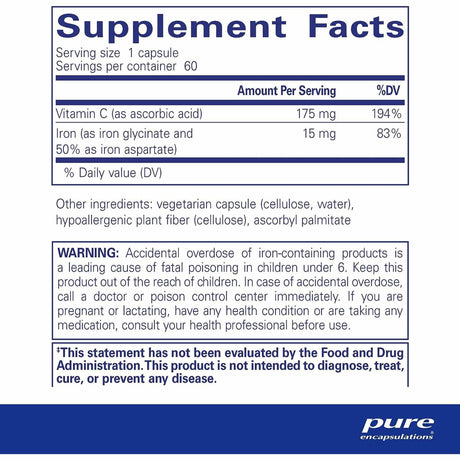Pure Encapsulations Hierro Con Vitamina C  - 60 Cápsulas - Tabla Nutricional - Haz Tu Pedido