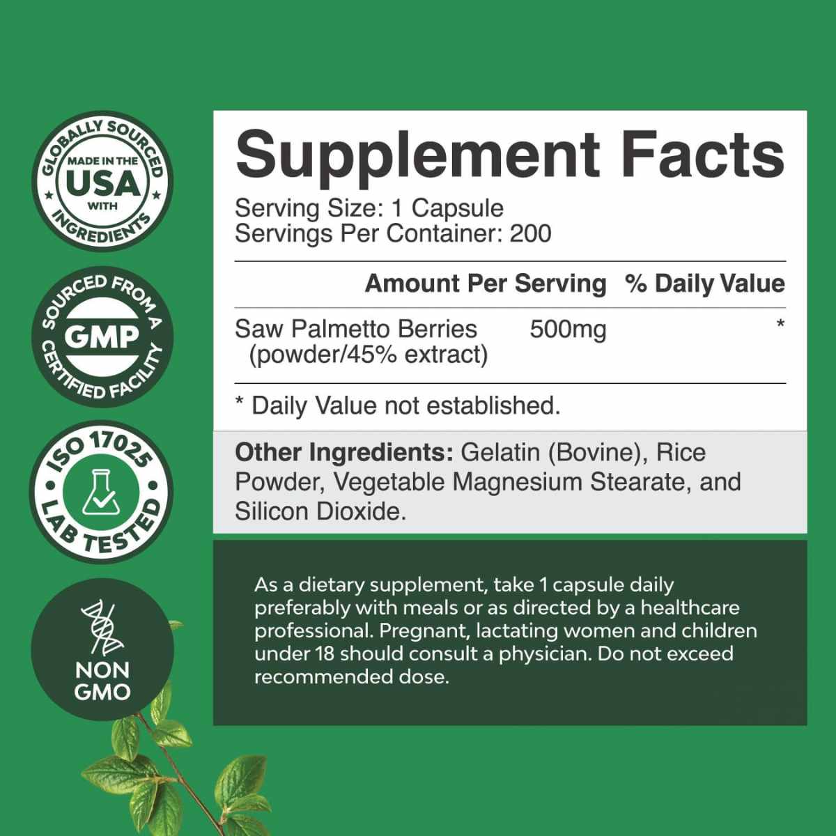 Natures Craft Saw Palmetto 500 mg - 200 Cápsulas - Tabla Nutricional - Haz Tu Pedido