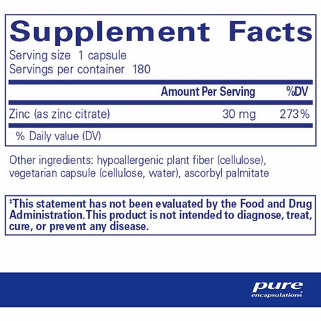 Pure Encapsulations Citrato de Zinc - 180 Cápsulas - Tabla Nutricional - Haz Tu Pedido