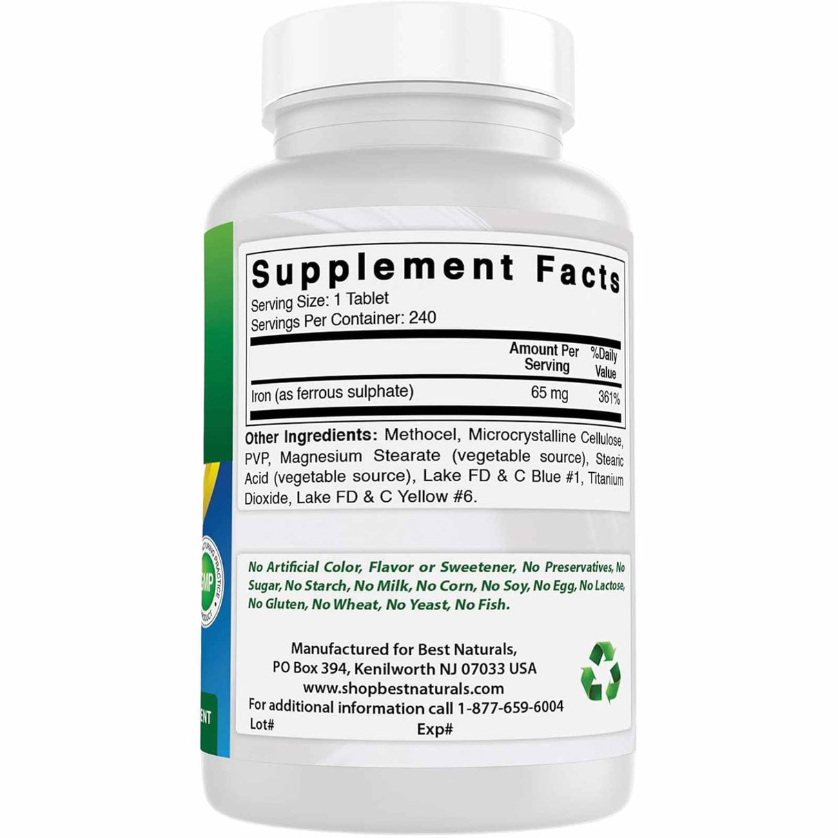 Best Naturals Hierro 65 mg - 240 Tabletas - Tabla Nutricional - Haz Tu Pedido