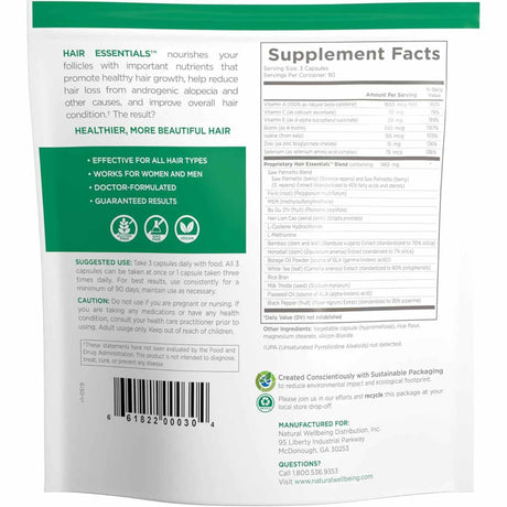 Natural Wellbeing Esenciales para el Cabello  - 270 Cápsulas Vegetarianas - Tabla Nutricional - Haz Tu Pedido