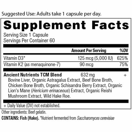 Ancient Nutrition Vitamina D3 5000 IU - 60 Cápsulas - Tabla Nutricional - Haz Tu Pedido