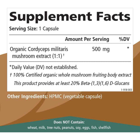 Pure Essence Labs Hongo Cordyceps  - 60 Cápsulas Vegetarianas - Tabla Nutricional - Haz Tu Pedido