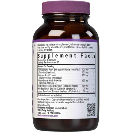 Bluebonnet Suplemento Alivio del Estrés - 30 Cápsulas Vegetales - Tabla Nutricional - Haz Tu Pedido
