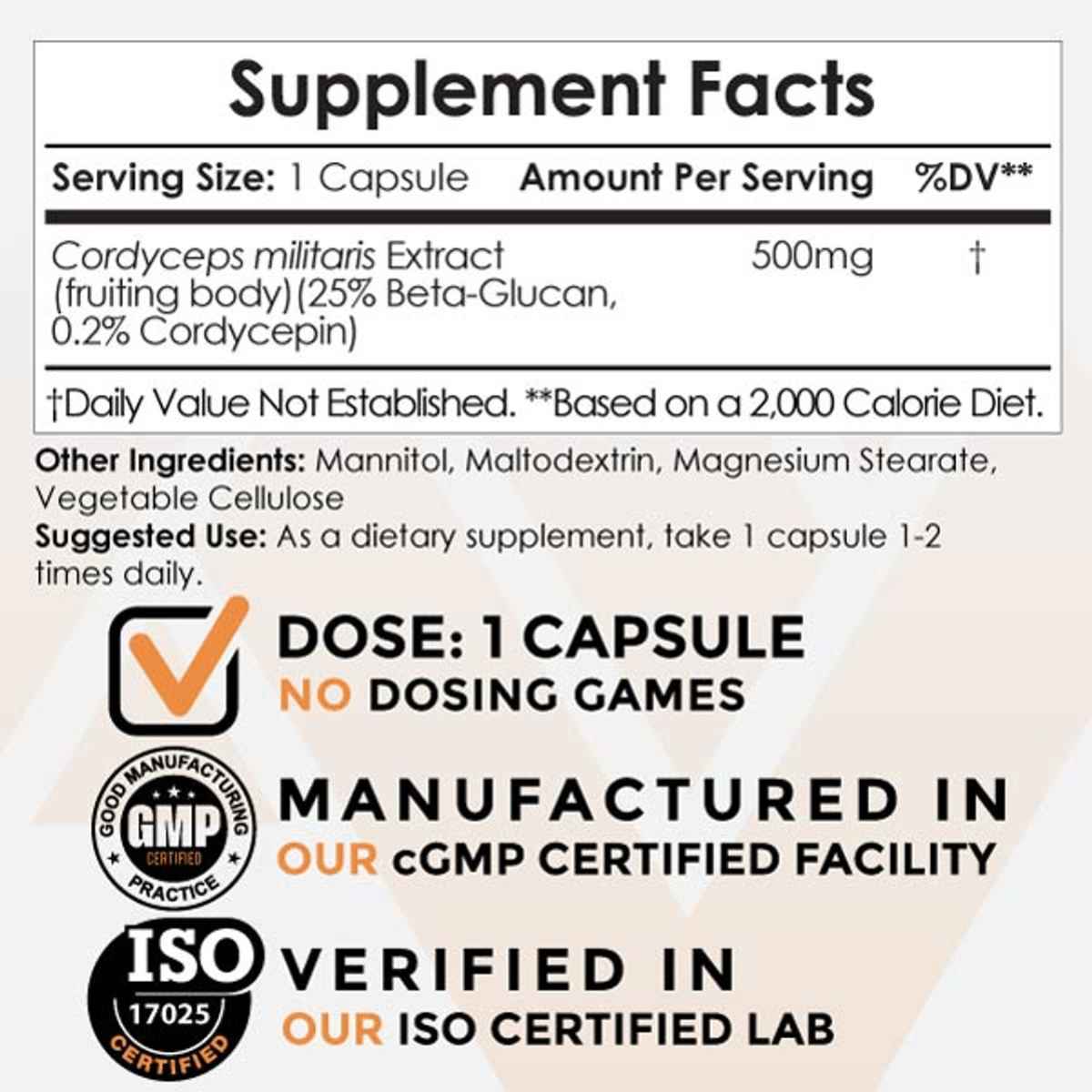 Nootropics Depot Hongo Cordyceps   250 mg - 180 Cápsulas - Tabla Nutricional - Haz Tu Pedido