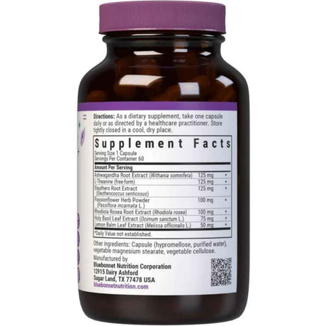 Bluebonnet Suplemento Alivio del Estrés - 60 Cápsulas Vegetales - Tabla Nutricional - Haz Tu Pedido