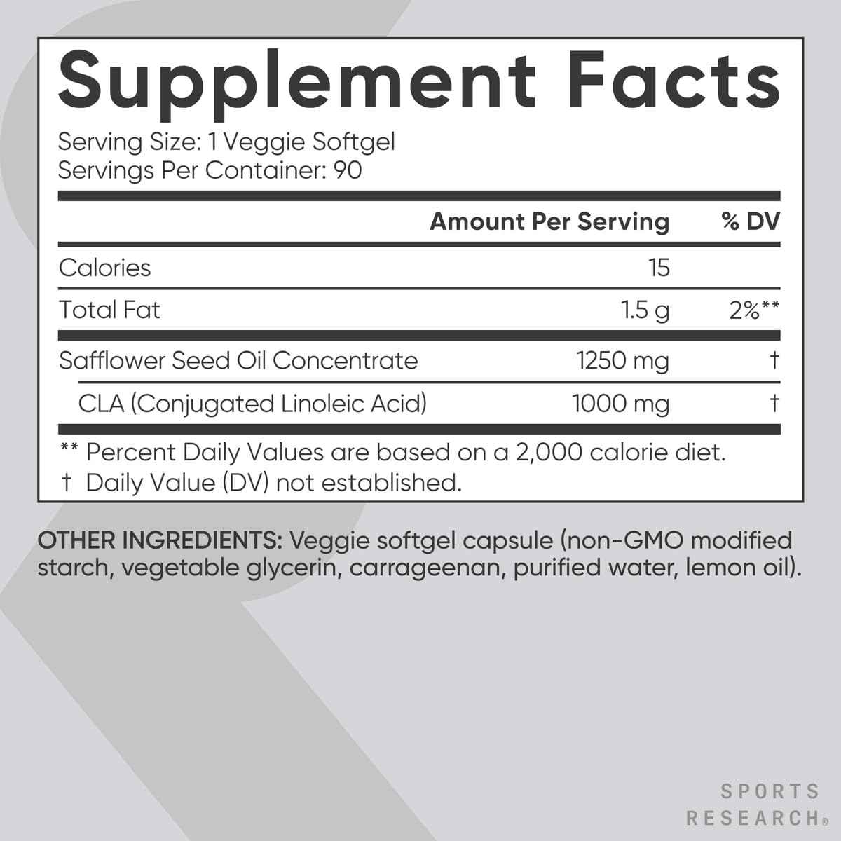 Sports Research CLA 1250 - 90 Cápsulas Blandas Vegetales - Tabla Nutricional - Haz Tu Pedido