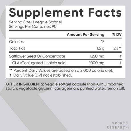 Sports Research CLA 1250 - 90 Cápsulas Blandas Vegetales - Tabla Nutricional - Haz Tu Pedido
