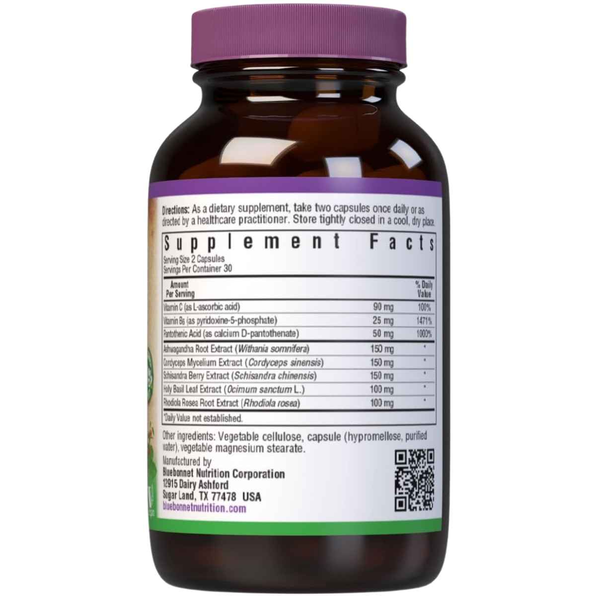 Bluebonnet Suplemento para la Salud de las Glándulas Suprarrenales - 120 Cápsulas Vegetales - Tabla Nutricional - Haz Tu Pedido
