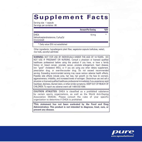 Pure Encapsulations DHEA  10 mg - 60 Cápsulas - Tabla Nutricional - Haz Tu Pedido