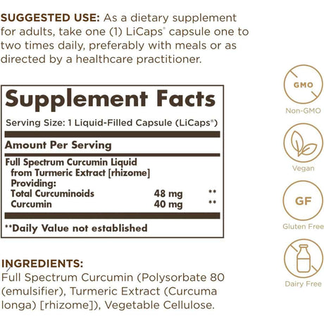 Solgar Curcumina Espectro Completo - 60 Cápsulas Liquidas - Tabla Nutricional - Haz Tu Pedido