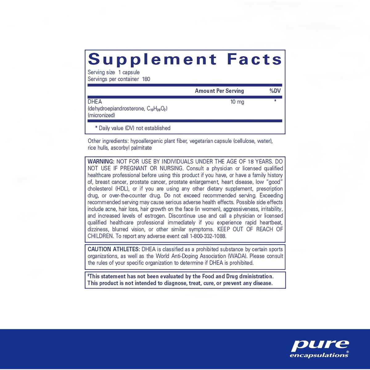 Pure Encapsulations DHEA  10 mg - 180 Cápsulas - Tabla Nutricional - Haz Tu Pedido
