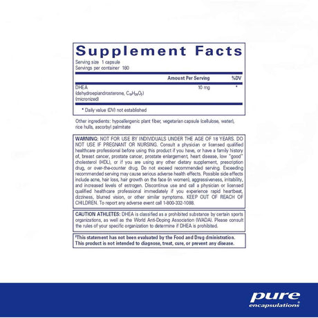 Pure Encapsulations DHEA  10 mg - 180 Cápsulas - Tabla Nutricional - Haz Tu Pedido