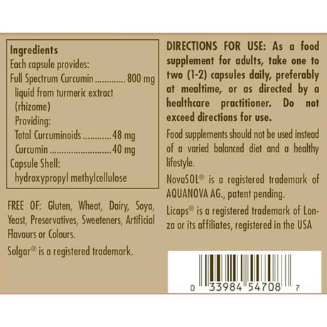 Solgar Curcumina Espectro Completo - 90 Cápsulas Liquidas - Tabla Nutricional - Haz Tu Pedido