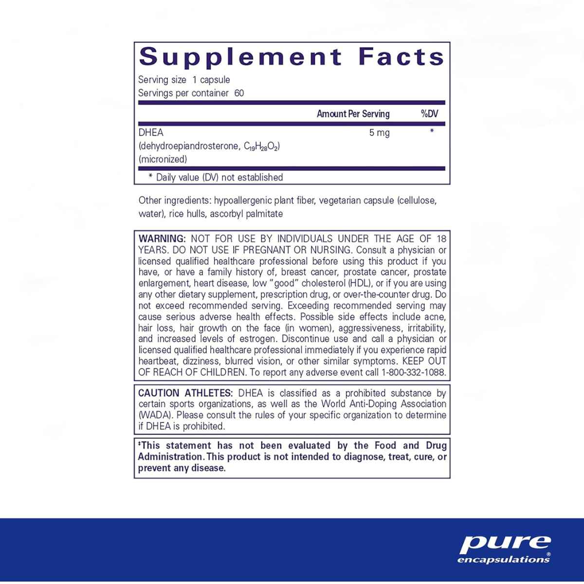 Pure Encapsulations DHEA  5 mg - 60 Cápsulas - Tabla Nutricional - Haz Tu Pedido