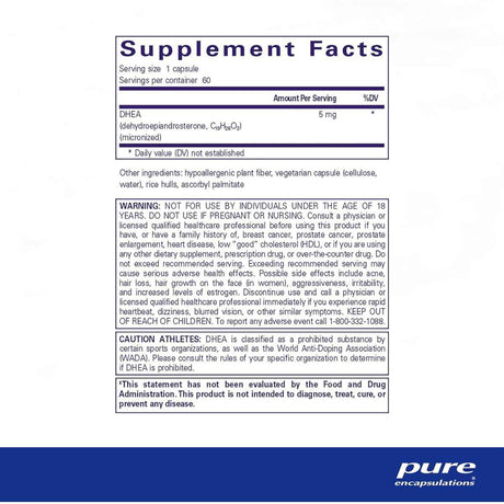 Pure Encapsulations DHEA  5 mg - 60 Cápsulas - Tabla Nutricional - Haz Tu Pedido