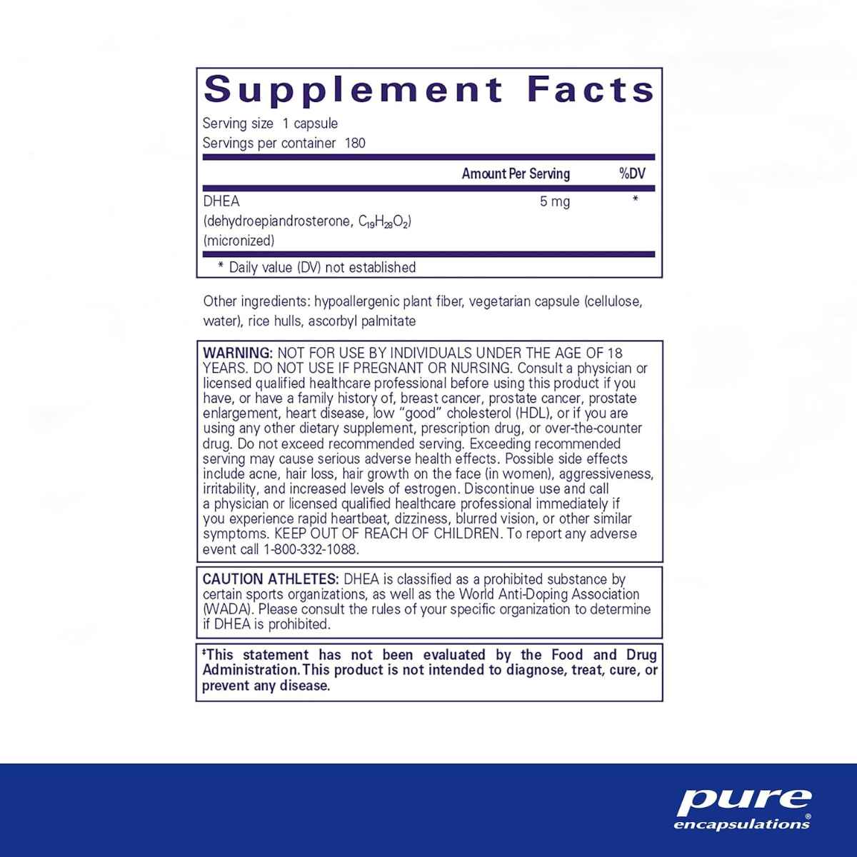 Pure Encapsulations DHEA  5 mg - 180 Cápsulas - Tabla Nutricional - Haz Tu Pedido