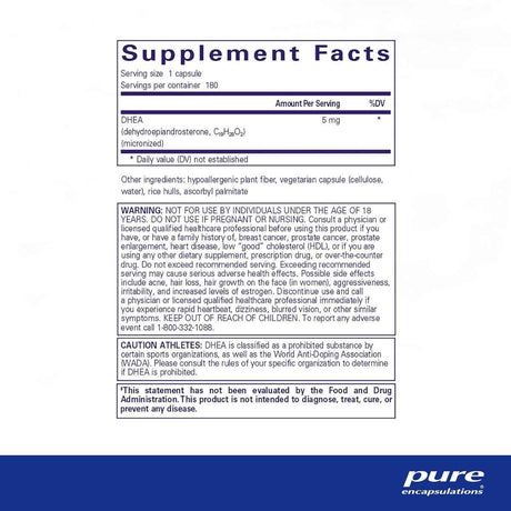 Pure Encapsulations DHEA  5 mg - 180 Cápsulas - Tabla Nutricional - Haz Tu Pedido