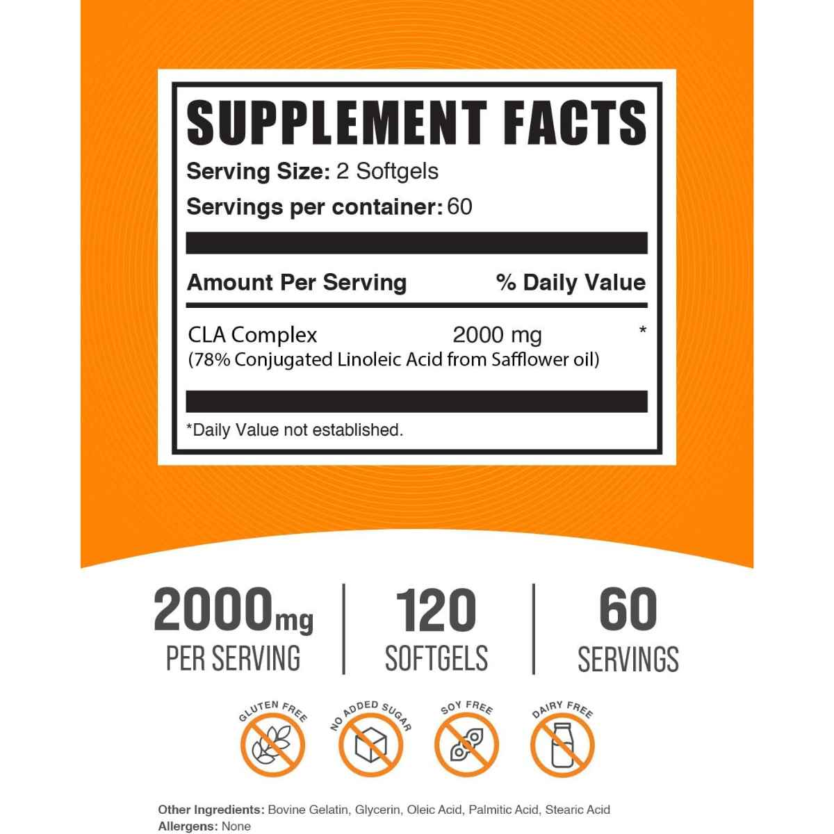 BulkSupplements.com CLA Ácido Linoleico Conjugado 2000 mg - 120 Cápsulas Blandas - Tabla Nutricional - Haz Tu Pedido