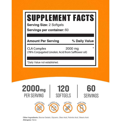 BulkSupplements.com CLA Ácido Linoleico Conjugado 2000 mg - 120 Cápsulas Blandas - Tabla Nutricional - Haz Tu Pedido