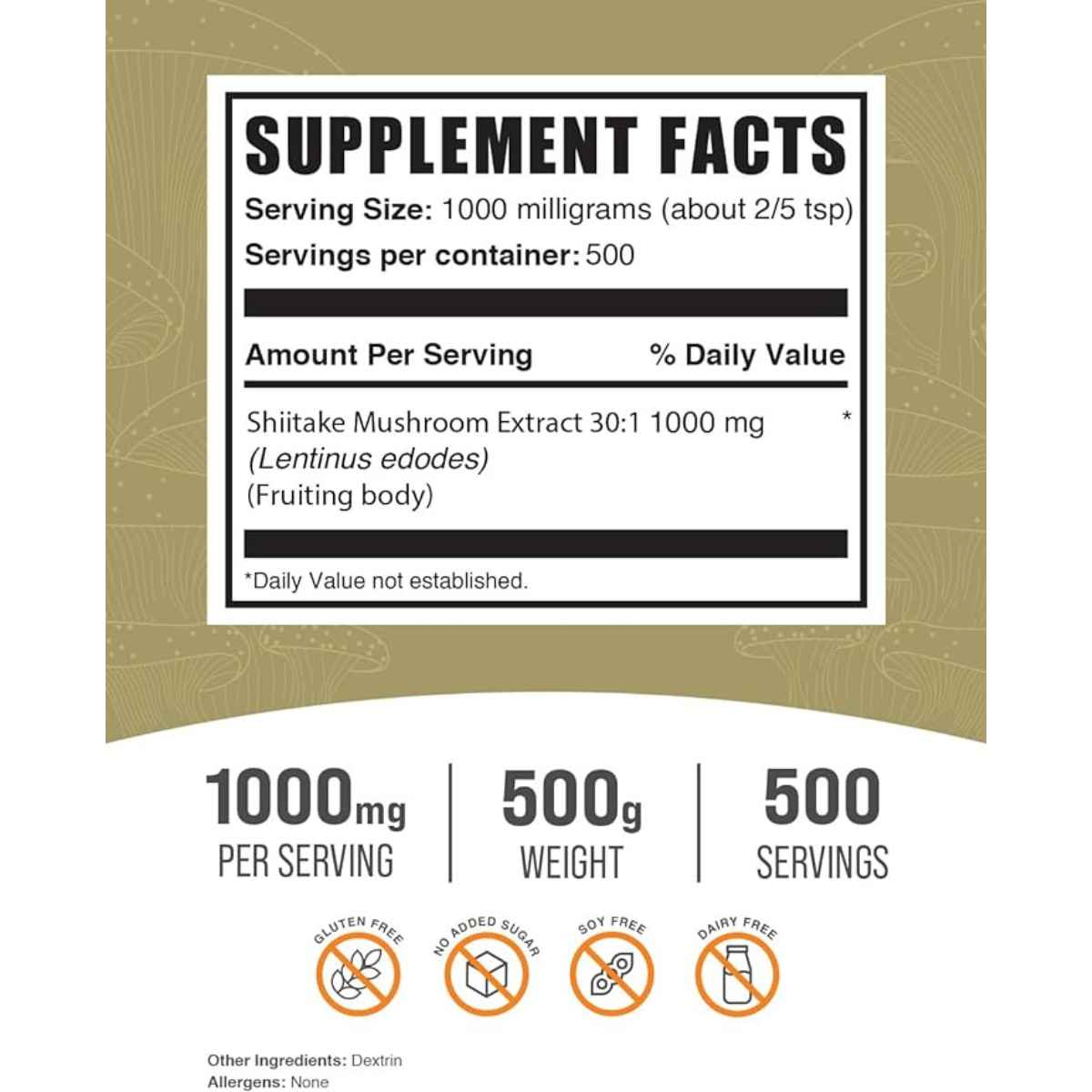 BulkSupplements Hongo Shiitake 1000 mg - Polvo