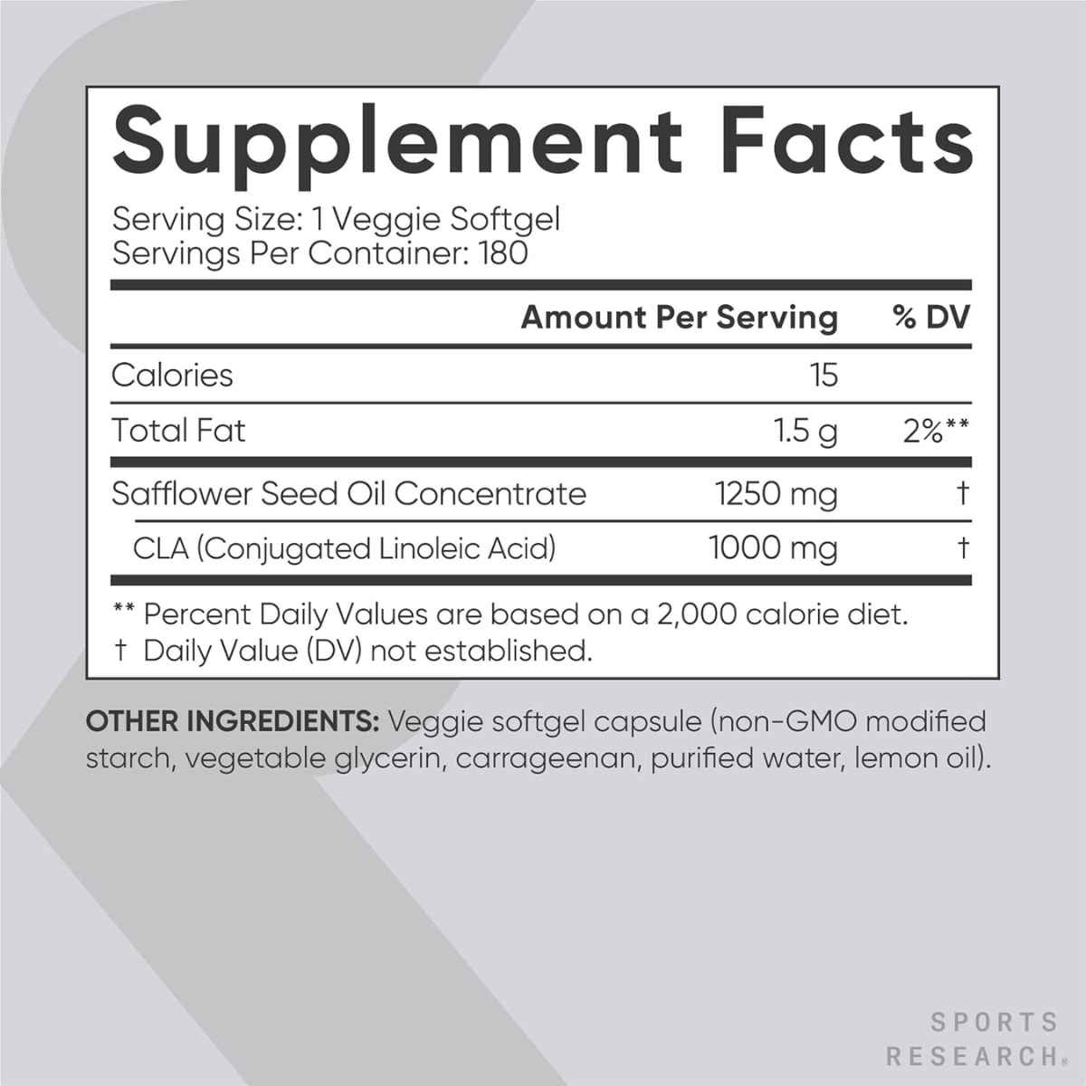 Sports Research CLA  1250 mg - 180 Cápsulas Blandas Vegetales - Tabla Nutricional - Haz Tu Pedido
