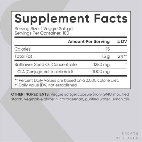 Sports Research CLA  1250 mg - 180 Cápsulas Blandas Vegetales - Tabla Nutricional - Haz Tu Pedido