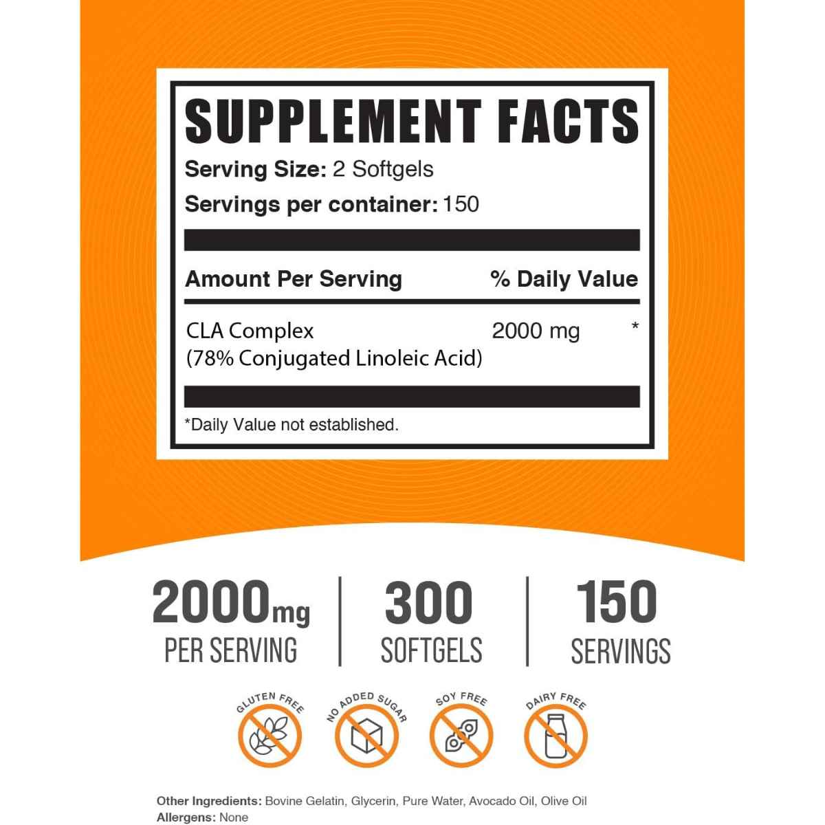 BulkSupplements.com Cla Ácido Linoleico Conjugado - 300 Cápsulas Blandas - Tabla Nutricional - Haz Tu Pedido