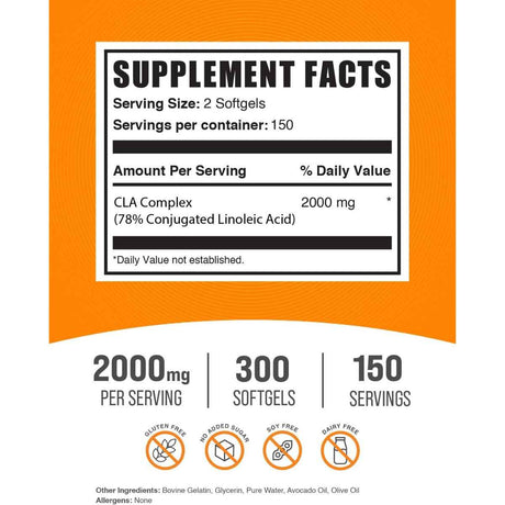 BulkSupplements.com Cla Ácido Linoleico Conjugado - 300 Cápsulas Blandas - Tabla Nutricional - Haz Tu Pedido