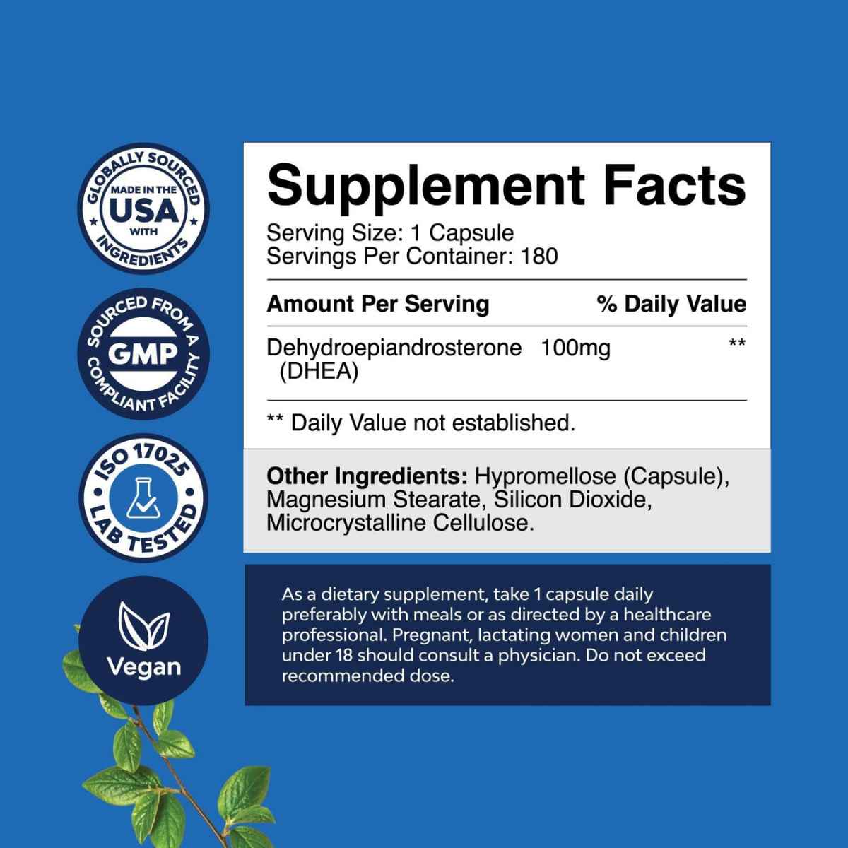 Natures Craft DHEA 100 mg - 180 Cápsulas - Tabla Nutricional - Haz Tu Pedido