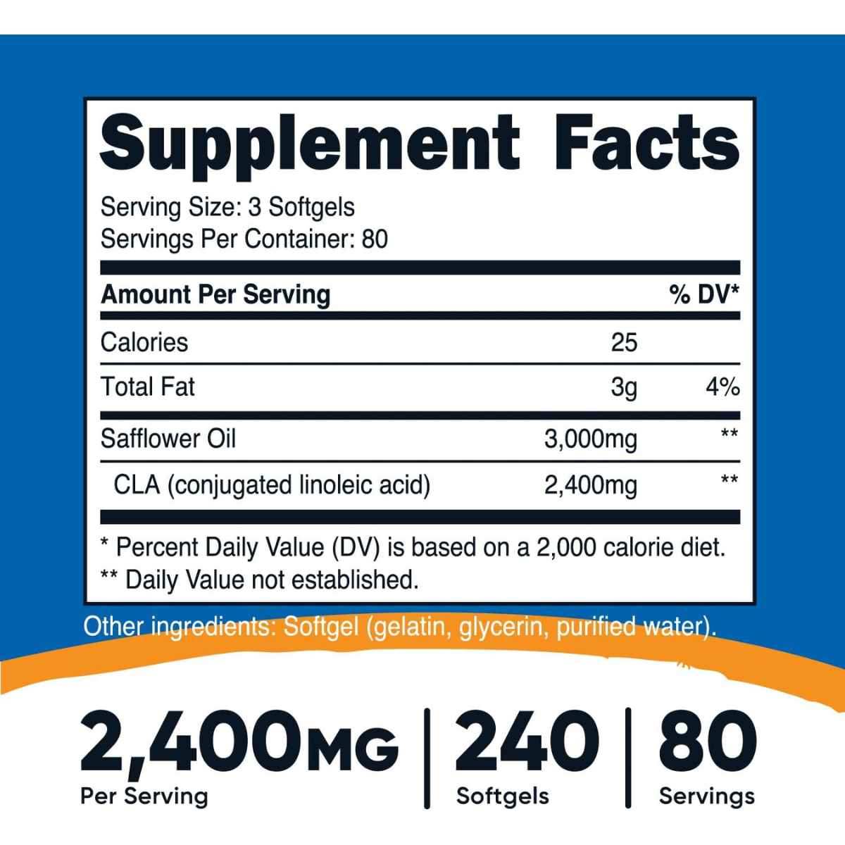 Nutricost CLA Ácido Linoleico Conjugado 2400 mg - 240 Cápsulas Blandas - Tabla Nutricional - Haz Tu Pedido