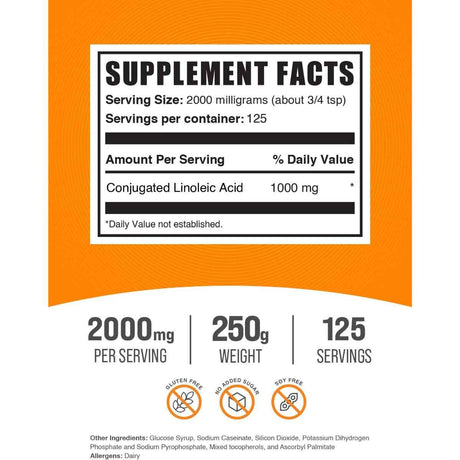 BulkSupplements.com Cla Ácido Linoleico Conjugado 2000 mg - 250 g - Tabla Nutricional - Haz Tu Pedido