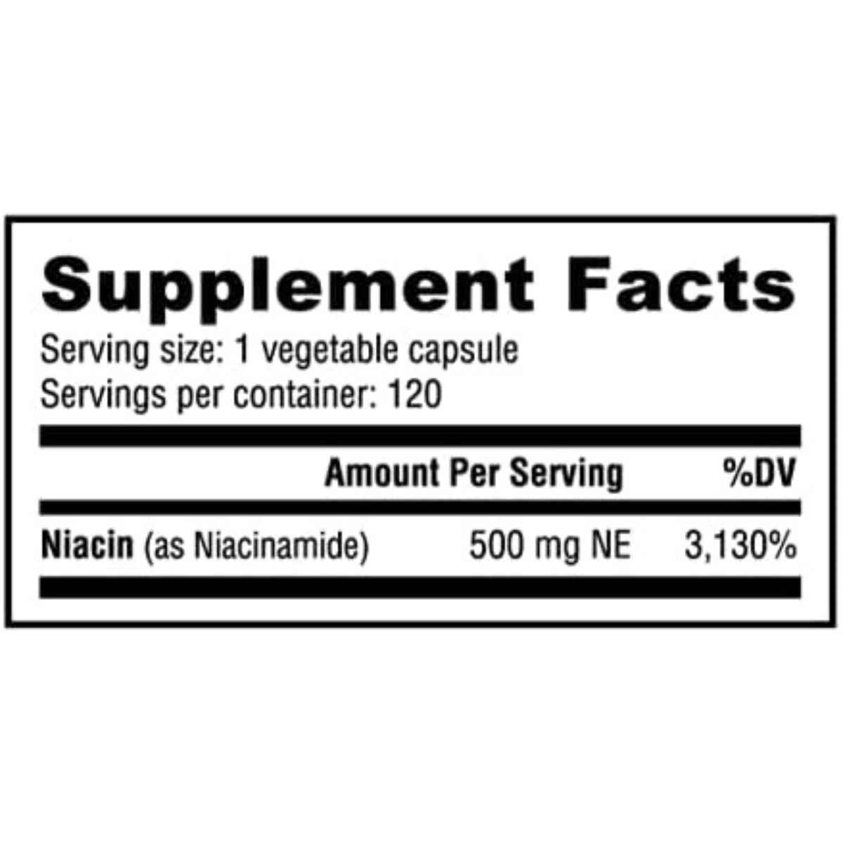  Niacinamida B-3 500 mg - 120 Cápsulas Vegetales - Tabla Nutricional - Haz Tu Pedido