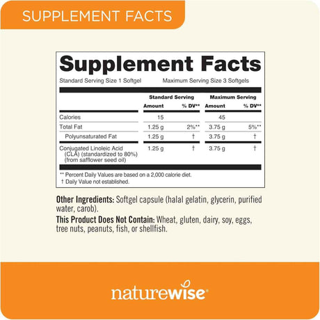 NatureWise CLA 1250 mg - 180 Cápsulas Blandas - Tabla Nutricional - Haz Tu Pedido