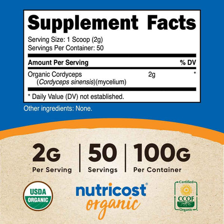 Nutricost Hongo Cordyceps Orgánico - 250 g - Tabla Nutricional - Haz Tu Pedido