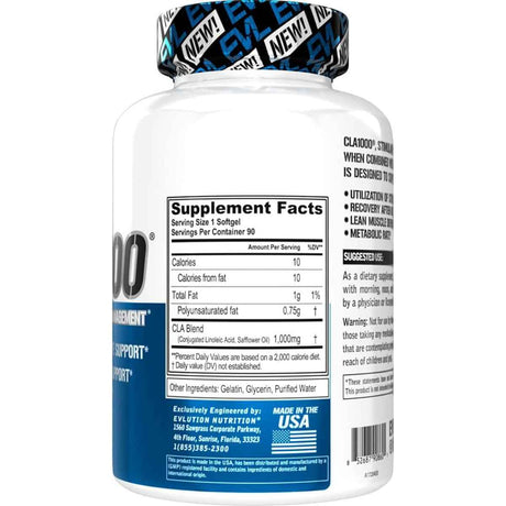 Evlution Nutrition CLA 1000 mg - 90 Cápsulas Blandas - Tabla Nutricional - Haz Tu Pedido