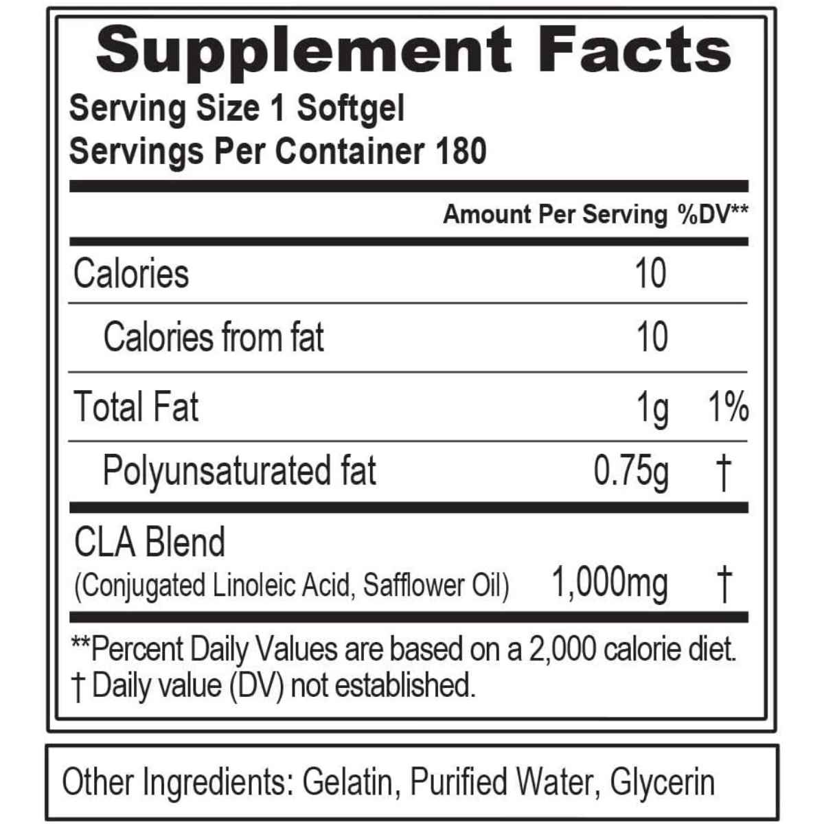 Evlution Nutrition CLA 1000 mg - 180 Cápsulas Blandas - Tabla Nutricional - Haz Tu Pedido