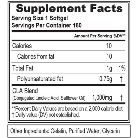 Evlution Nutrition CLA 1000 mg - 180 Cápsulas Blandas - Tabla Nutricional - Haz Tu Pedido
