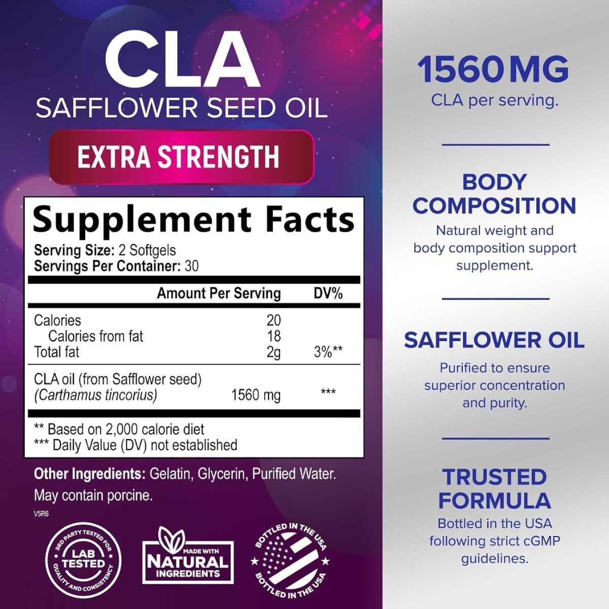 Nature's Nutrition CLA  Ácido Linoleico Conjugado 1560 mg - 60 Cápsulas Blandas - Tabla Nutricional - Haz Tu Pedido