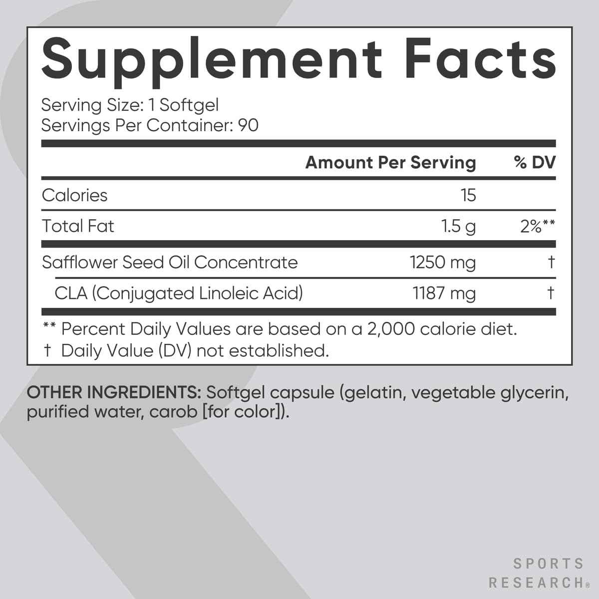 Sports Research CLA  1250 mg - 90 Cápsulas Blandas - Tabla Nutricional - Haz Tu Pedido