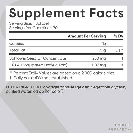 Sports Research CLA  1250 mg - 90 Cápsulas Blandas - Tabla Nutricional - Haz Tu Pedido