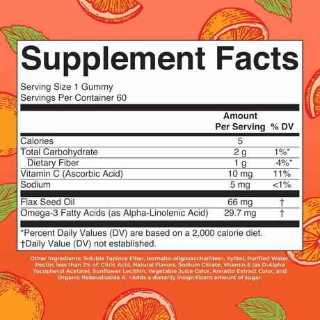 Tabla nutricional de gomitas omega 3 MaryRuth Organics con aceite de linaza y vitamina C