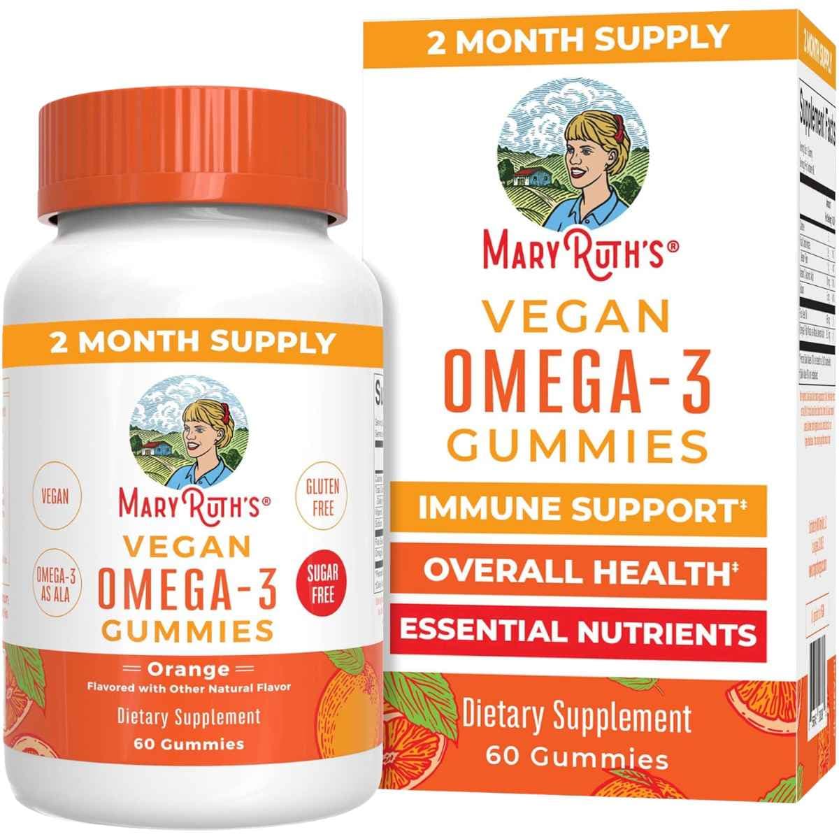 Frasco de gomitas omega 3 veganas MaryRuth Organics sabor naranja con 60 unidades