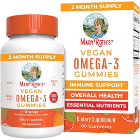Frasco de gomitas omega 3 veganas MaryRuth Organics sabor naranja con 60 unidades