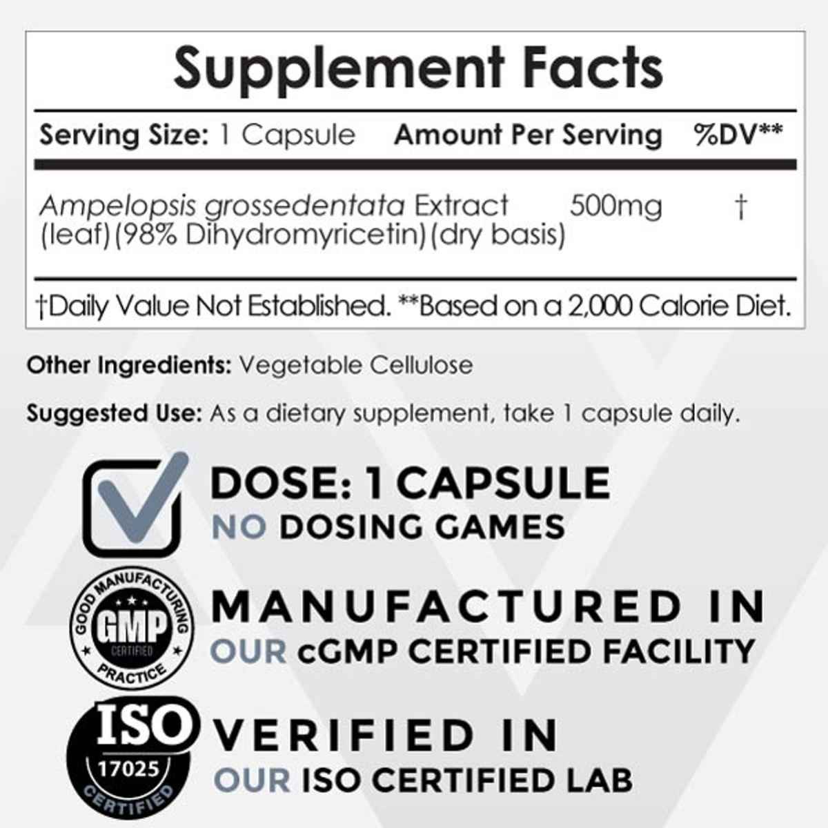 Nootropics Depot Dihidromiricetina 500 mg - 60 Cápsulas - Tabla Nutricional - Haz Tu Pedido
