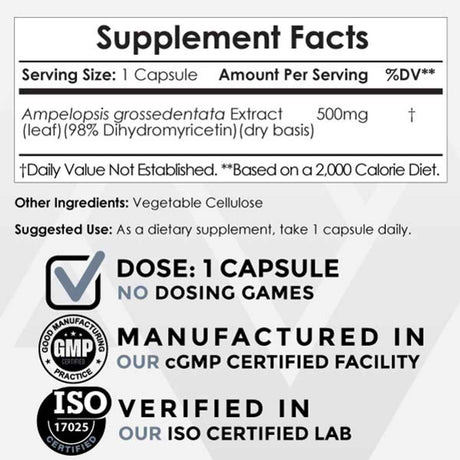 Nootropics Depot Dihidromiricetina 500 mg - 60 Cápsulas - Tabla Nutricional - Haz Tu Pedido